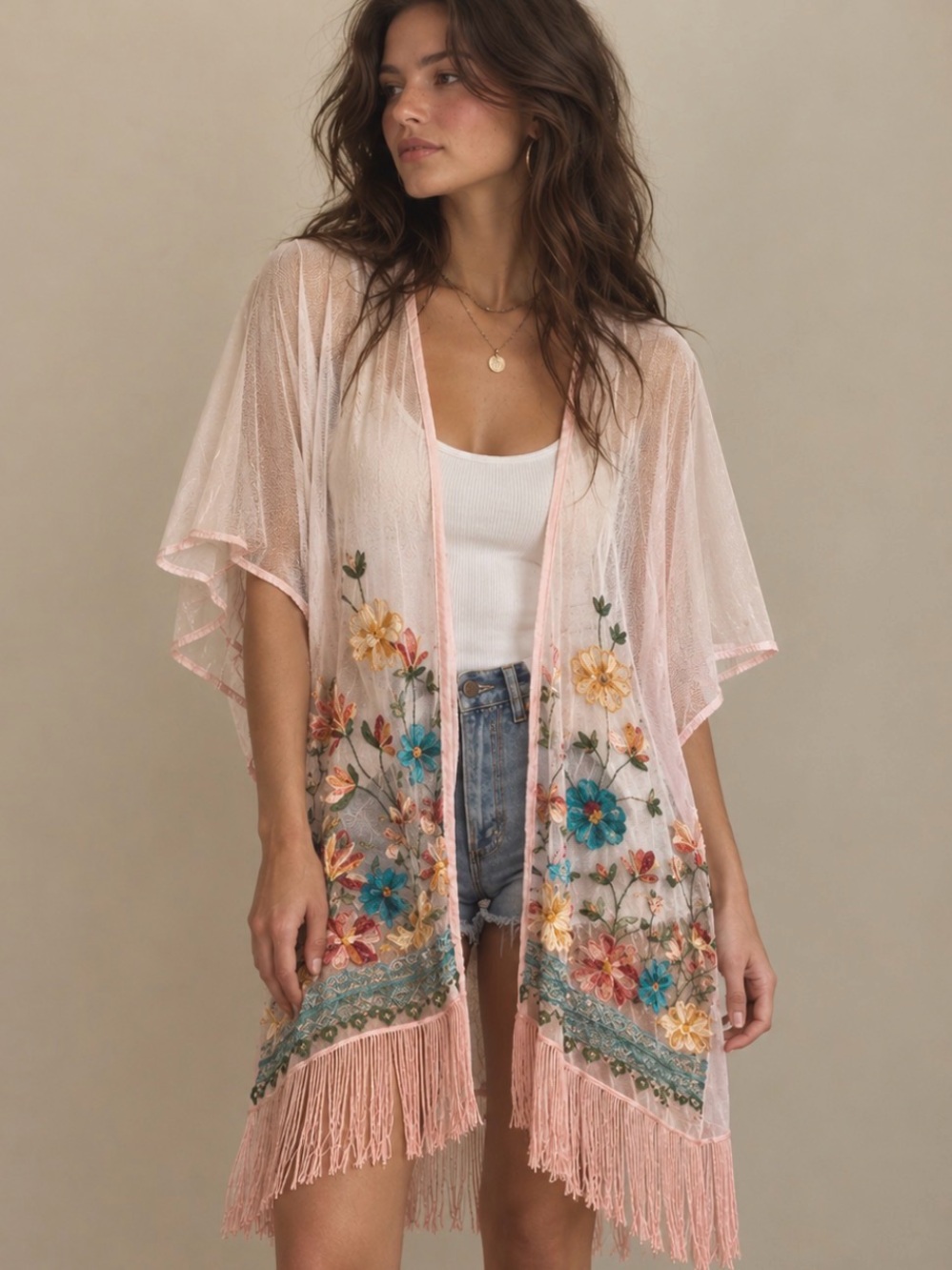 Haute Hippie Kimono Embroidered Floral Fringe Pink Sheer Boho Festival OS NWT